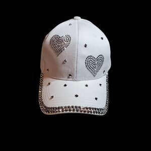 White Cap with Rhinestone Hearts